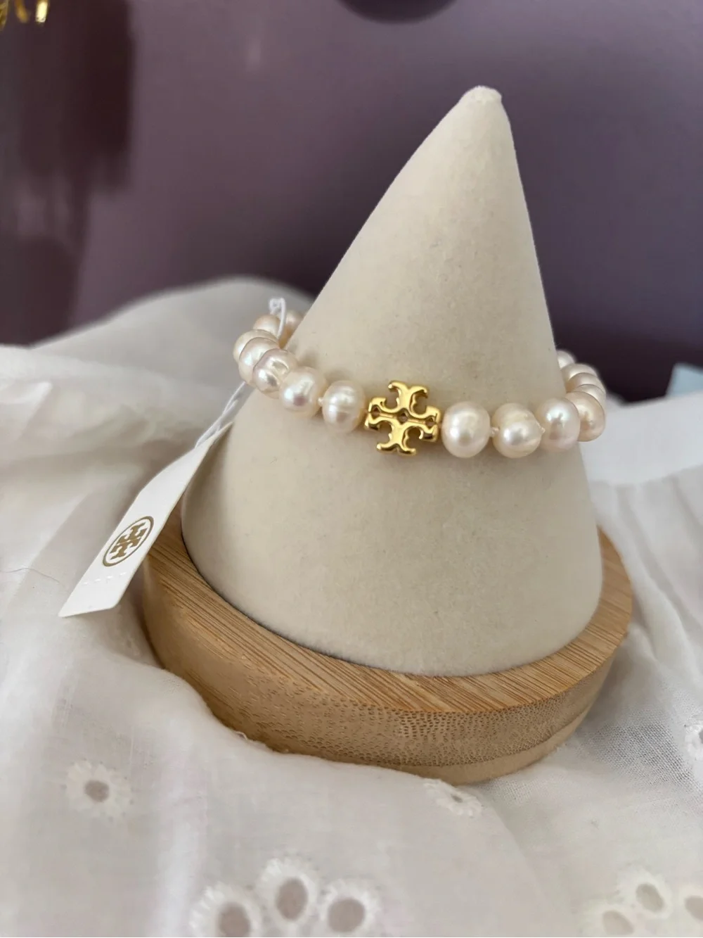 Tory Burch Cream Pearl Bracelet with Gold Logo Charm